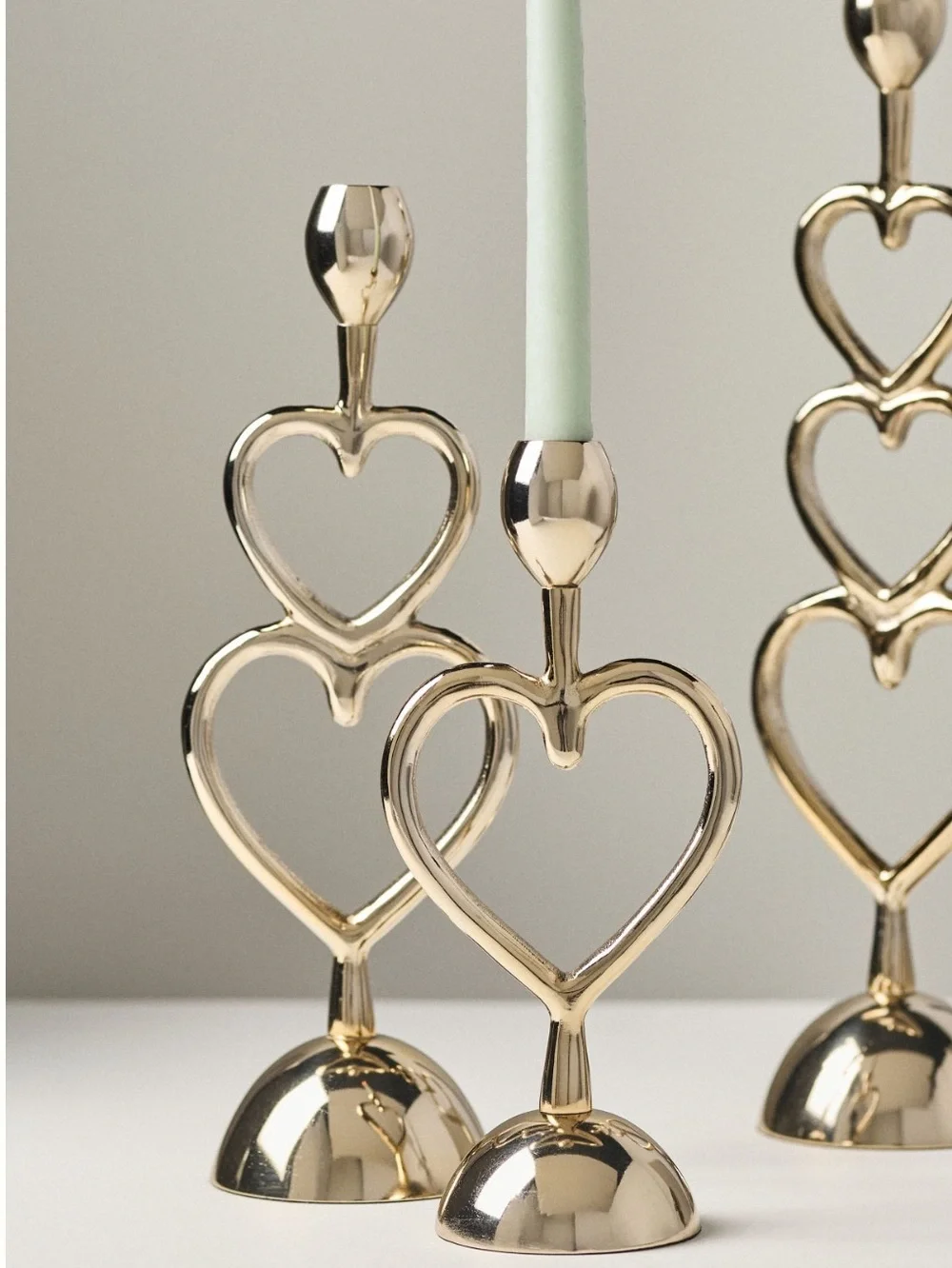 Anthropologie Gold Heart Candleholders Taper Candles New Champagne Stacked Heart